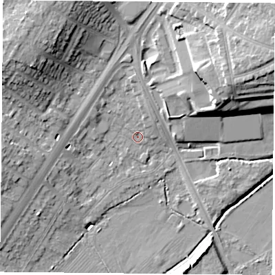 Shaded relief map of the ground around LE32FE, computed from Environment Agency LiDAR. The ground here sits at about 60 m above sea level and falls 19 m across the surrounding 800 m. Surface water reaching this point runs off ground lying to the north-north-east, 2.7 m higher.