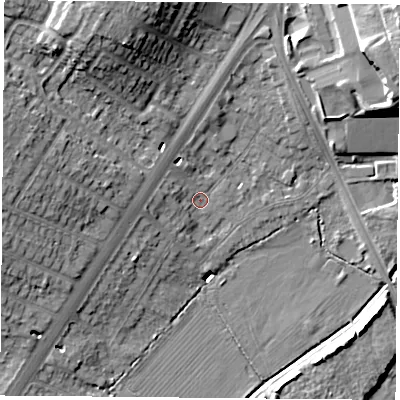 Shaded relief map of the ground around LE32FF, computed from Environment Agency LiDAR. The ground here sits at about 60 m above sea level and falls 16 m across the surrounding 800 m. Surface water reaching this point runs off ground lying to the west-north-west, 8.9 m higher.