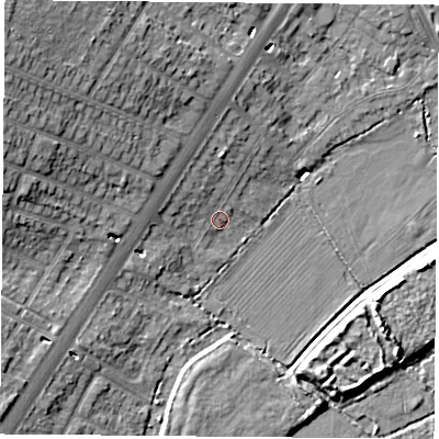 Shaded relief map of the ground around LE32FH, computed from Environment Agency LiDAR. The ground here sits at about 60 m above sea level and falls 16 m across the surrounding 800 m. Surface water reaching this point runs off ground lying to the north-west, 7.9 m higher.