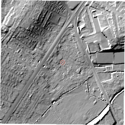 Shaded relief map of the ground around LE32FL, computed from Environment Agency LiDAR. The ground here sits at about 59 m above sea level and falls 18 m across the surrounding 800 m. Surface water reaching this point runs off ground lying to the north-north-east, 4.6 m higher.