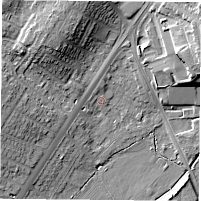 Shaded relief map of the ground around LE32FX, computed from Environment Agency LiDAR. The ground here sits at about 60 m above sea level and falls 17 m across the surrounding 800 m. Surface water reaching this point runs off ground lying to the north-north-west, 1.4 m higher.