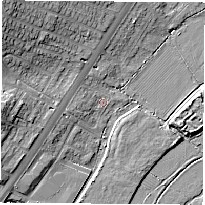 Shaded relief map of the ground around LE32JB, computed from Environment Agency LiDAR. The ground here sits at about 60 m above sea level and falls 18 m across the surrounding 800 m. Surface water reaching this point runs off ground lying to the north-west, 13.1 m higher.