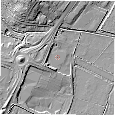 Shaded relief map of the ground around LE32LL, computed from Environment Agency LiDAR. The ground here sits at about 61 m above sea level and falls 15 m across the surrounding 800 m. Surface water reaching this point runs off ground lying to the west, 3.0 m higher.