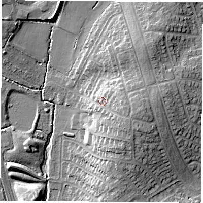 Shaded relief map of the ground around LE32UD, computed from Environment Agency LiDAR. The ground here sits at about 75 m above sea level and falls 17 m across the surrounding 800 m. Surface water reaching this point runs off ground lying to the east-south-east, 6.0 m higher.