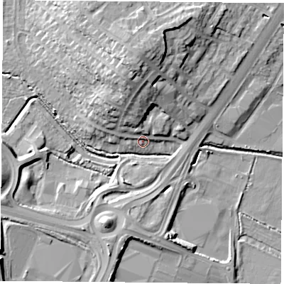 Shaded relief map of the ground around LE32XD, computed from Environment Agency LiDAR. The ground here sits at about 63 m above sea level and falls 16 m across the surrounding 800 m. Surface water reaching this point runs off ground lying to the north-north-west, 5.7 m higher.