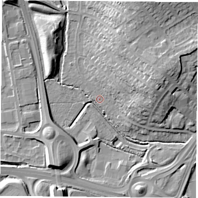 Shaded relief map of the ground around LE32XE, computed from Environment Agency LiDAR. The ground here sits at about 63 m above sea level and falls 15 m across the surrounding 800 m. Surface water reaching this point runs off ground lying to the east-north-east, 14.6 m higher.
