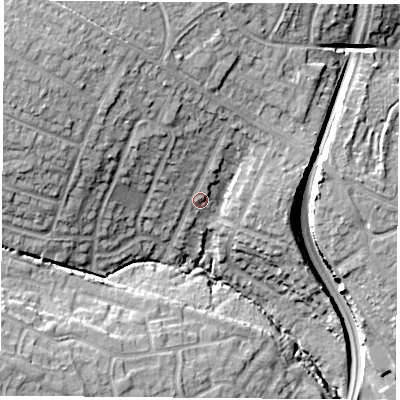 Shaded relief map of the ground around LE33DN, computed from Environment Agency LiDAR. The ground here sits at about 85 m above sea level and falls 22 m across the surrounding 800 m. Surface water reaching this point runs off ground lying to the north-west, 11.4 m higher.
