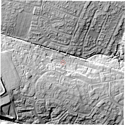 Shaded relief map of the ground around LE33EH, computed from Environment Agency LiDAR. The ground here sits at about 85 m above sea level and falls 21 m across the surrounding 800 m. Surface water reaching this point runs off ground lying to the west-south-west, 9.8 m higher.