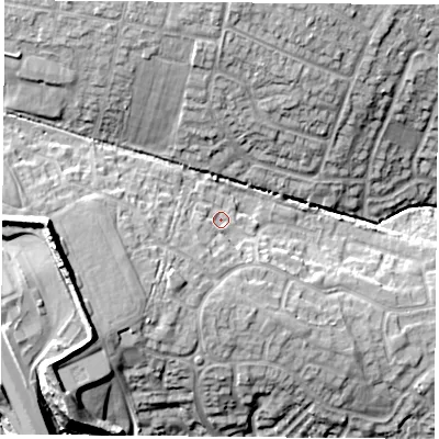 Shaded relief map of the ground around LE33EJ, computed from Environment Agency LiDAR. The ground here sits at about 87 m above sea level and falls 21 m across the surrounding 800 m. Surface water reaching this point runs off ground lying to the west-south-west, 4.7 m higher.