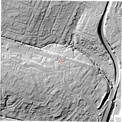 Shaded relief map of the ground around LE33UB, computed from Environment Agency LiDAR. The ground here sits at about 85 m above sea level and falls 23 m across the surrounding 800 m. Surface water reaching this point runs off ground lying to the south-west, 2.5 m higher.