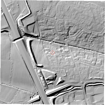 Shaded relief map of the ground around LE33UT, computed from Environment Agency LiDAR. The ground here sits at about 83 m above sea level and falls 23 m across the surrounding 800 m. Surface water reaching this point runs off ground lying to the south-west, 13.2 m higher.