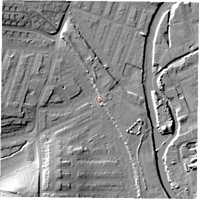 Shaded relief map of the ground around LE35AE, computed from Environment Agency LiDAR. The ground here sits at about 56 m above sea level and falls 15 m across the surrounding 800 m. Surface water reaching this point runs off ground lying to the west, 4.9 m higher.