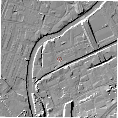 Shaded relief map of the ground around LE35AG, computed from Environment Agency LiDAR. The ground here sits at about 54 m above sea level and falls 13 m across the surrounding 800 m. Surface water reaching this point runs off ground lying to the south, 1.4 m higher.