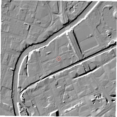 Shaded relief map of the ground around LE35AS, computed from Environment Agency LiDAR. The ground here sits at about 54 m above sea level and falls 13 m across the surrounding 800 m. Surface water reaching this point runs off ground lying to the west-north-west, 1.8 m higher.