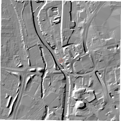 Shaded relief map of the ground around LE35BD, computed from Environment Agency LiDAR. The ground here sits at about 56 m above sea level and falls 15 m across the surrounding 800 m. Surface water reaching this point runs off ground lying to the east, 13.4 m higher.
