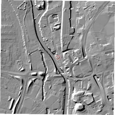 Shaded relief map of the ground around LE35BE, computed from Environment Agency LiDAR. The ground here sits at about 56 m above sea level and falls 15 m across the surrounding 800 m. Surface water reaching this point runs off ground lying to the east, 13.4 m higher.