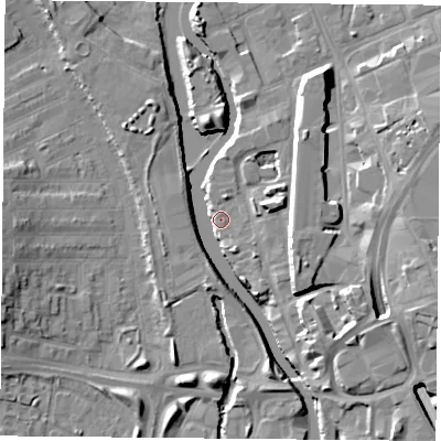 Shaded relief map of the ground around LE35BJ, computed from Environment Agency LiDAR. The ground here sits at about 55 m above sea level and falls 13 m across the surrounding 800 m. Surface water reaching this point runs off ground lying to the south-east, 12.2 m higher.