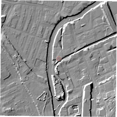 Shaded relief map of the ground around LE35DH, computed from Environment Agency LiDAR. The ground here sits at about 54 m above sea level and falls 12 m across the surrounding 800 m. Surface water reaching this point runs off ground lying to the south-south-east, 3.6 m higher.