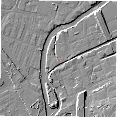 Shaded relief map of the ground around LE35DL, computed from Environment Agency LiDAR. The ground here sits at about 55 m above sea level and falls 14 m across the surrounding 800 m. Surface water reaching this point runs off ground lying to the south, 1.4 m higher.