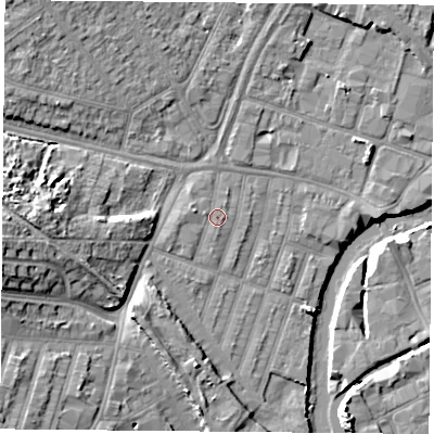 Shaded relief map of the ground around LE35EA, computed from Environment Agency LiDAR. The ground here sits at about 55 m above sea level and falls 13 m across the surrounding 800 m. Surface water reaching this point runs off ground lying to the west-north-west, 0.6 m higher.