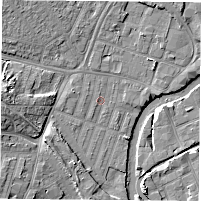 Shaded relief map of the ground around LE35EB, computed from Environment Agency LiDAR. The ground here sits at about 54 m above sea level and falls 10 m across the surrounding 800 m. Surface water reaching this point runs off ground lying to the west, 0.8 m higher.