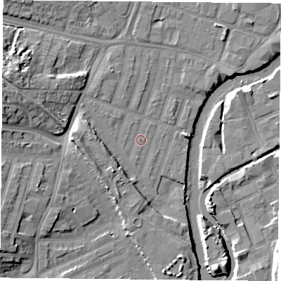 Shaded relief map of the ground around LE35ED, computed from Environment Agency LiDAR. The ground here sits at about 54 m above sea level and falls 11 m across the surrounding 800 m. Surface water reaching this point runs off ground lying to the west-south-west, 4.8 m higher.