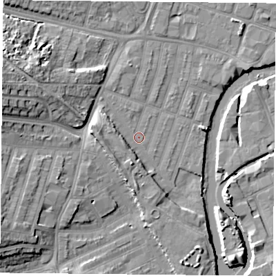 Shaded relief map of the ground around LE35EE, computed from Environment Agency LiDAR. The ground here sits at about 54 m above sea level and falls 14 m across the surrounding 800 m. Surface water reaching this point runs off ground lying to the west-north-west, 11.7 m higher.