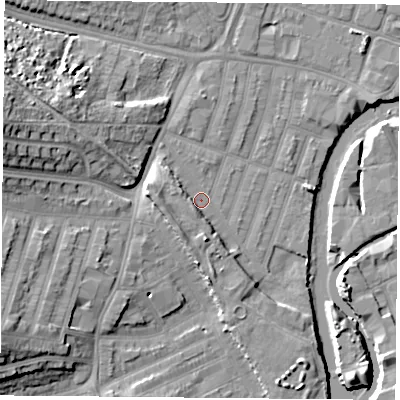 Shaded relief map of the ground around LE35EG, computed from Environment Agency LiDAR. The ground here sits at about 55 m above sea level and falls 16 m across the surrounding 800 m. Surface water reaching this point runs off ground lying to the west-north-west, 13.6 m higher.