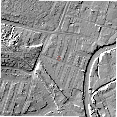 Shaded relief map of the ground around LE35EH, computed from Environment Agency LiDAR. The ground here sits at about 54 m above sea level and falls 13 m across the surrounding 800 m. Surface water reaching this point runs off ground lying to the west, 10.6 m higher.