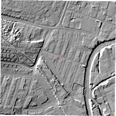 Shaded relief map of the ground around LE35EJ, computed from Environment Agency LiDAR. The ground here sits at about 54 m above sea level and falls 13 m across the surrounding 800 m. Surface water reaching this point runs off ground lying to the west, 11.2 m higher.