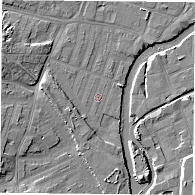 Shaded relief map of the ground around LE35EN, computed from Environment Agency LiDAR. The ground here sits at about 54 m above sea level and falls 11 m across the surrounding 800 m. Surface water reaching this point runs off ground lying to the west-south-west, 0.8 m higher.