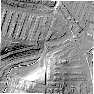 Shaded relief map of the ground around LE35ET, computed from Environment Agency LiDAR. The ground here sits at about 57 m above sea level and falls 20 m across the surrounding 800 m. Surface water reaching this point runs off ground lying to the west, 18.0 m higher.