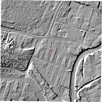 Shaded relief map of the ground around LE35FA, computed from Environment Agency LiDAR. The ground here sits at about 55 m above sea level and falls 12 m across the surrounding 800 m. Surface water reaching this point runs off ground lying to the west, 0.8 m higher.