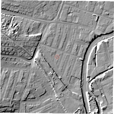 Shaded relief map of the ground around LE35FB, computed from Environment Agency LiDAR. The ground here sits at about 54 m above sea level and falls 13 m across the surrounding 800 m. Surface water reaching this point runs off ground lying to the west, 10.6 m higher.