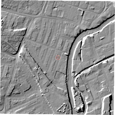 Shaded relief map of the ground around LE35FD, computed from Environment Agency LiDAR. The ground here sits at about 54 m above sea level and falls 11 m across the surrounding 800 m. Surface water reaching this point runs off ground lying to the south-south-west, 0.7 m higher.