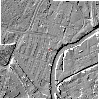 Shaded relief map of the ground around LE35FF, computed from Environment Agency LiDAR. The ground here sits at about 54 m above sea level and falls 8 m across the surrounding 800 m. Surface water reaching this point runs off ground lying to the west, 5.7 m higher.