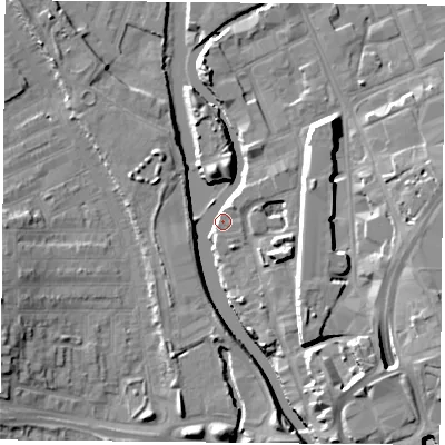 Shaded relief map of the ground around LE35FP, computed from Environment Agency LiDAR. The ground here sits at about 55 m above sea level and falls 13 m across the surrounding 800 m. Surface water reaching this point runs off ground lying to the south-east, 12.2 m higher.