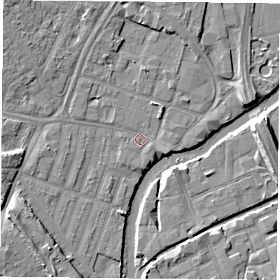 Shaded relief map of the ground around LE35GE, computed from Environment Agency LiDAR. The ground here sits at about 54 m above sea level and falls 8 m across the surrounding 800 m. Surface water reaching this point runs off ground lying to the east-south-east, 0.8 m higher.