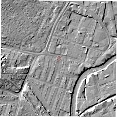 Shaded relief map of the ground around LE35GF, computed from Environment Agency LiDAR. The ground here sits at about 54 m above sea level and falls 10 m across the surrounding 800 m. Surface water reaching this point runs off ground lying to the west, 7.8 m higher.