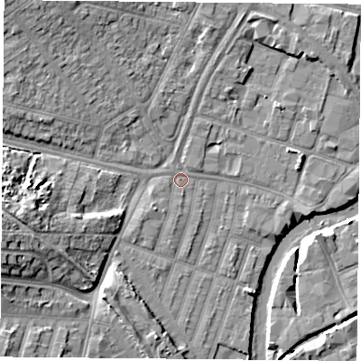 Shaded relief map of the ground around LE35GG, computed from Environment Agency LiDAR. The ground here sits at about 54 m above sea level and falls 12 m across the surrounding 800 m. Surface water reaching this point runs off ground lying to the west-south-west, 9.3 m higher.