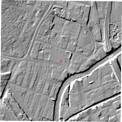 Shaded relief map of the ground around LE35GH, computed from Environment Agency LiDAR. The ground here sits at about 54 m above sea level and falls 8 m across the surrounding 800 m. The ground contributing surface water to this point lies to the east-south-east.