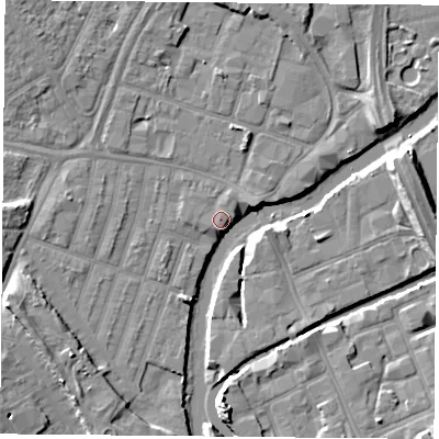 Shaded relief map of the ground around LE35GR, computed from Environment Agency LiDAR. The ground here sits at about 54 m above sea level and falls 8 m across the surrounding 800 m. Surface water reaching this point runs off ground lying to the west-south-west, 7.4 m higher.