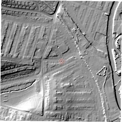 Shaded relief map of the ground around LE35HA, computed from Environment Agency LiDAR. The ground here sits at about 55 m above sea level and falls 19 m across the surrounding 800 m. Surface water reaching this point runs off ground lying to the north-west, 4.0 m higher.