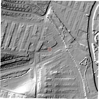 Shaded relief map of the ground around LE35HB, computed from Environment Agency LiDAR. The ground here sits at about 56 m above sea level and falls 19 m across the surrounding 800 m. Surface water reaching this point runs off ground lying to the west-north-west, 3.9 m higher.