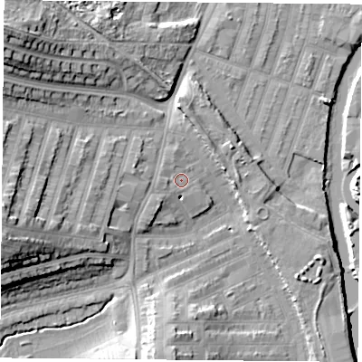 Shaded relief map of the ground around LE35HE, computed from Environment Agency LiDAR. The ground here sits at about 57 m above sea level and falls 21 m across the surrounding 800 m. Surface water reaching this point runs off ground lying to the west, 1.7 m higher.