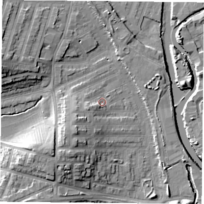 Shaded relief map of the ground around LE35HF, computed from Environment Agency LiDAR. The ground here sits at about 56 m above sea level and falls 15 m across the surrounding 800 m. Surface water reaching this point runs off ground lying to the west-south-west, 4.5 m higher.