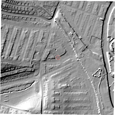 Shaded relief map of the ground around LE35HG, computed from Environment Agency LiDAR. The ground here sits at about 56 m above sea level and falls 19 m across the surrounding 800 m. Surface water reaching this point runs off ground lying to the west-north-west, 3.7 m higher.