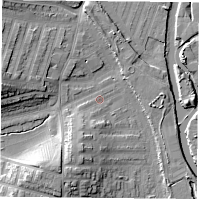 Shaded relief map of the ground around LE35HH, computed from Environment Agency LiDAR. The ground here sits at about 56 m above sea level and falls 17 m across the surrounding 800 m. Surface water reaching this point runs off ground lying to the south-south-west, 6.0 m higher.