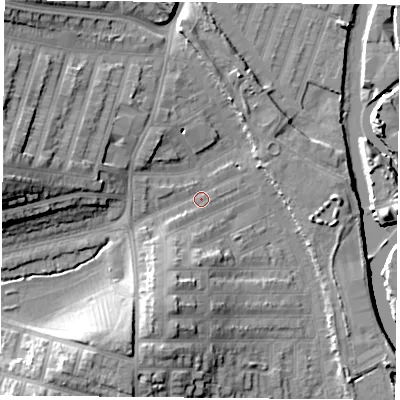 Shaded relief map of the ground around LE35HL, computed from Environment Agency LiDAR. The ground here sits at about 56 m above sea level and falls 18 m across the surrounding 800 m. Surface water reaching this point runs off ground lying to the south-south-west, 10.2 m higher.