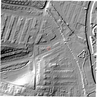 Shaded relief map of the ground around LE35HN, computed from Environment Agency LiDAR. The ground here sits at about 56 m above sea level and falls 19 m across the surrounding 800 m. Surface water reaching this point runs off ground lying to the south-south-west, 10.1 m higher.